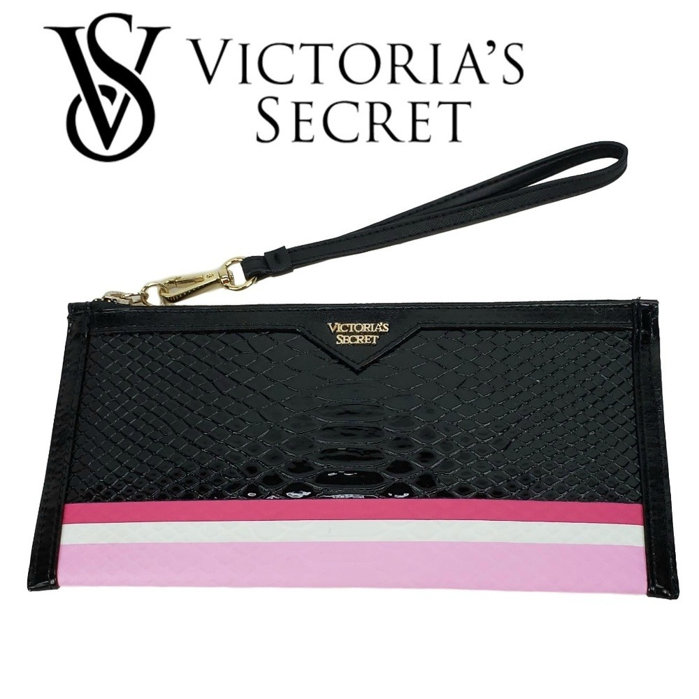 Victoria's Secret Faux-Snakeskin Stripe Wristlet Clutch Black Pink Gold Hardware